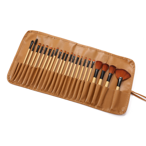 24-Piece Complete Makeup Brush Kit + Tan Leather Roll Pouch