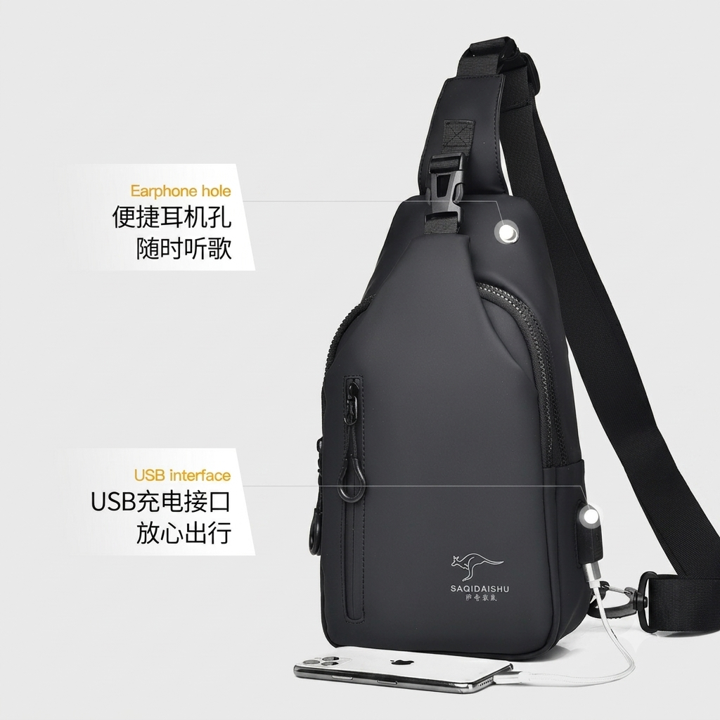 Men's Leather USB Chest Bag