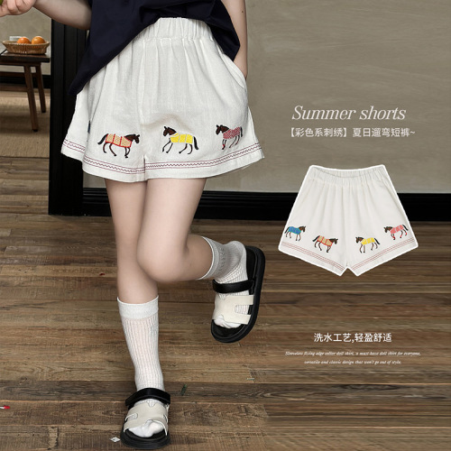 Girls' Cotton Linen Embroidered Shorts +T-Shirt set