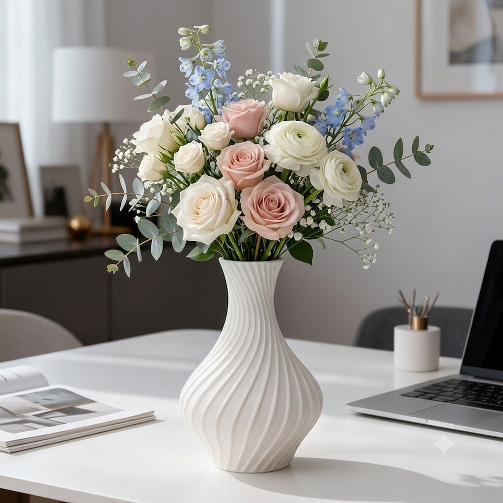 Modern White Spiral Ribbed Flower Vase