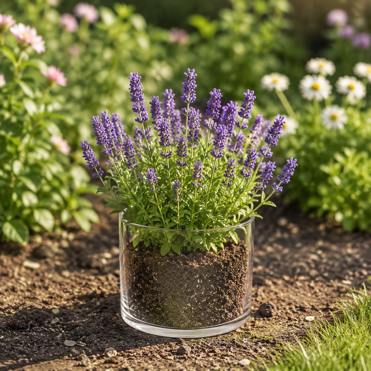Potted Lavender Plant in Clear Glass Planter