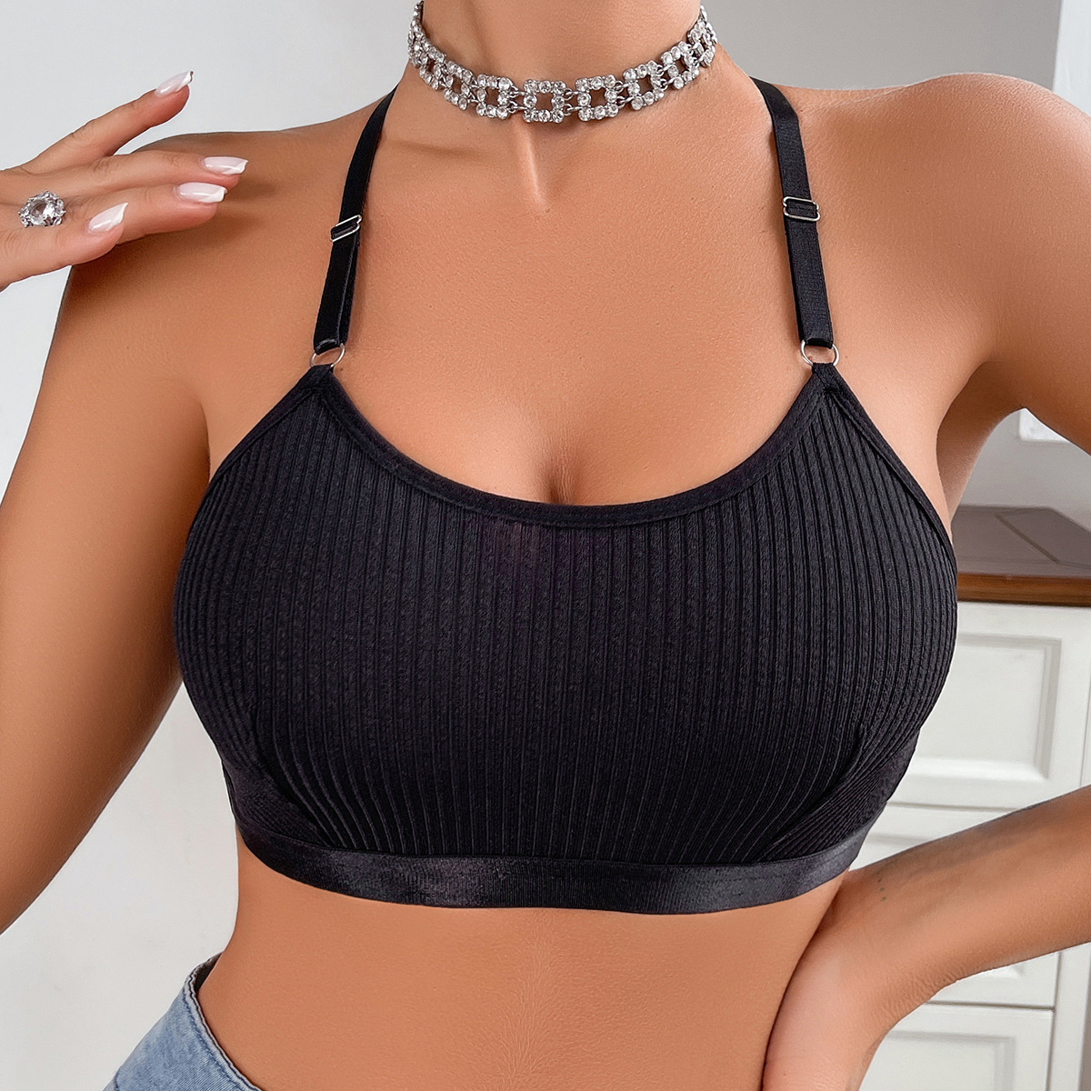 Ribbed Seamless Lace Racerback Bralette Crop Top