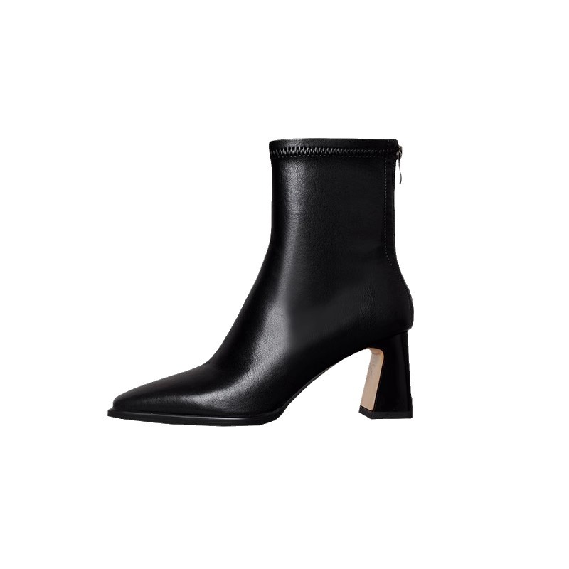 Sleek Pointed-Toe Stretch Sock Boots with Metallic Block Heel